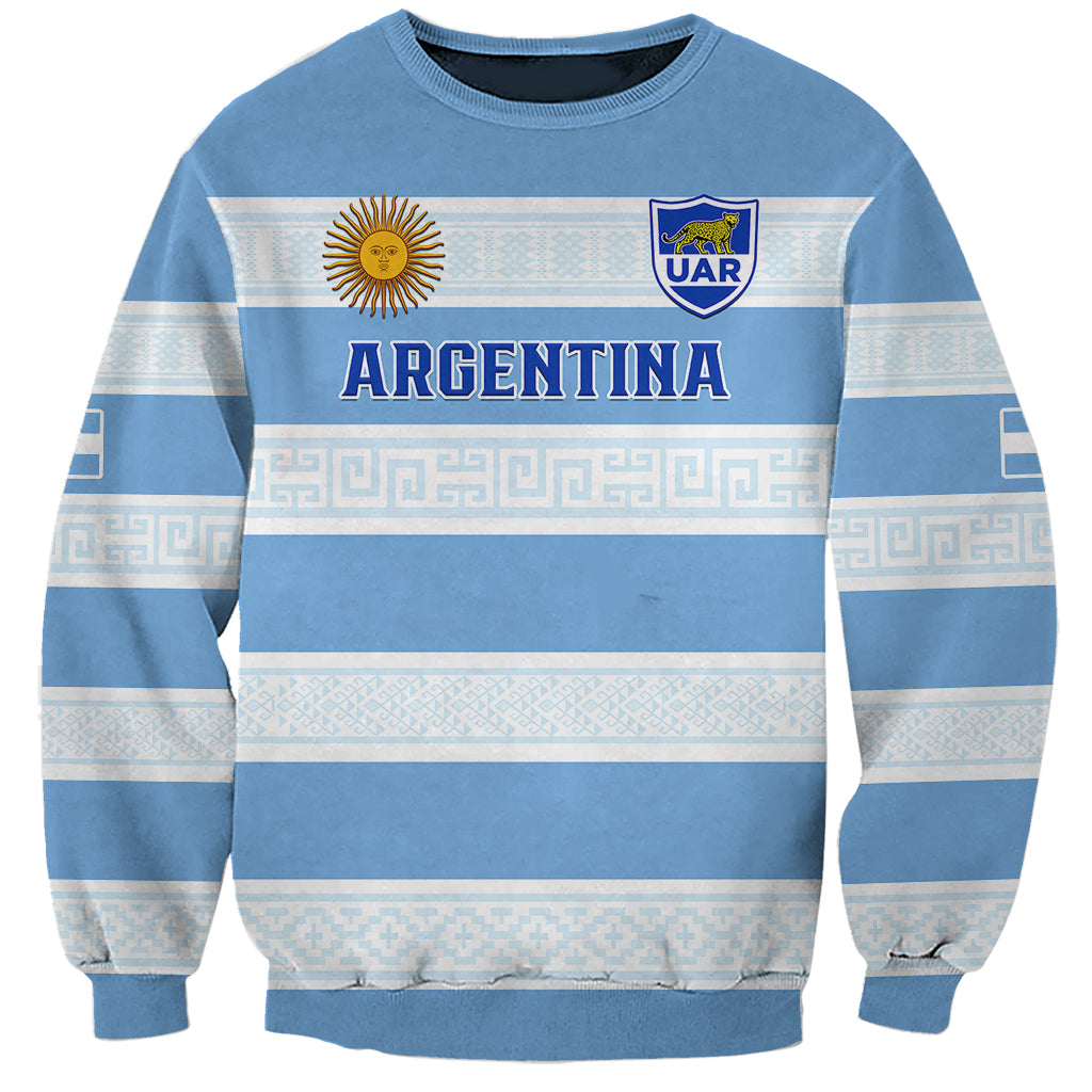 Blue rugby sweatshirt with Argentina crest, sun graphic, and horizontal stripe pattern