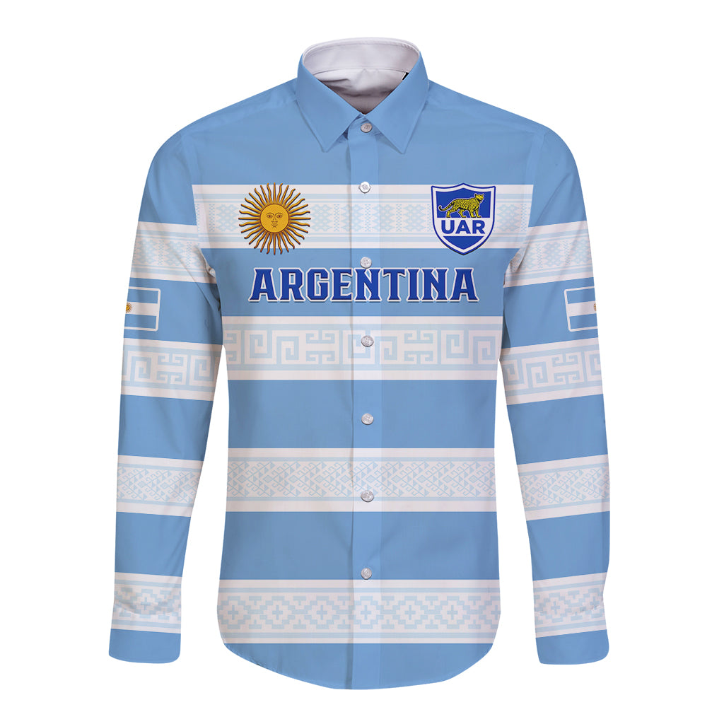 Blue Argentina rugby button-up shirt with long sleeves, stripes, Argentina badge on front