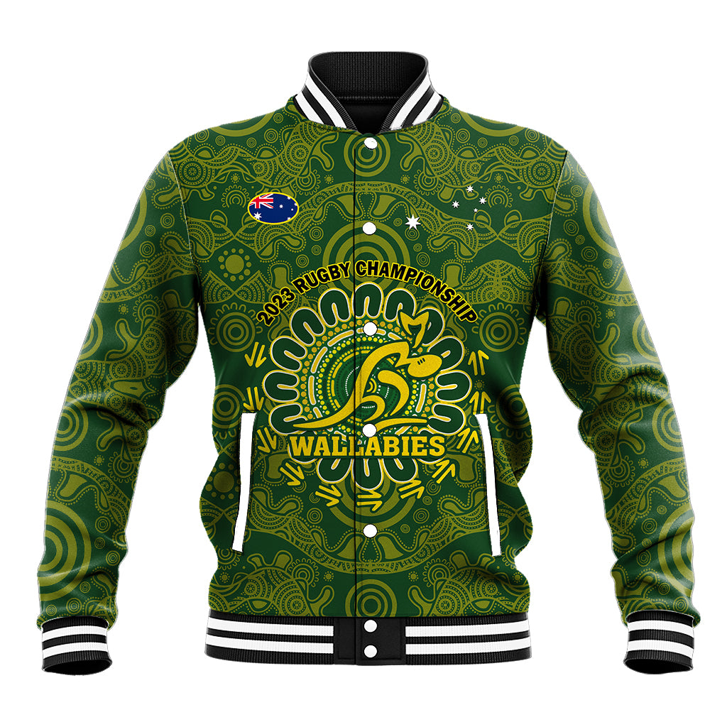 Green rugby baseball jacket with striped collar and Indigenous-inspired emblem on front
