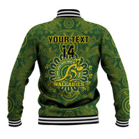 Green rugby baseball jacket with striped collar and 'YOUR TEXT' back graphic emblem