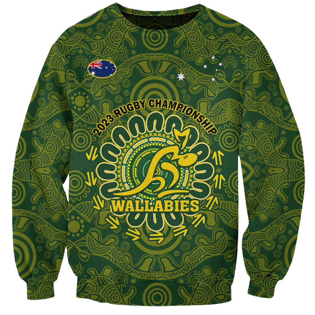 Green rugby sweatshirt with Wallabies circular emblem and '2023 Rugby Championship' print