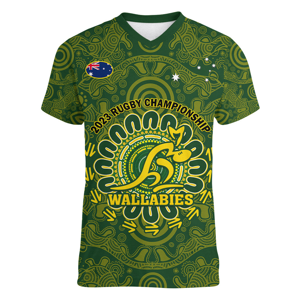 personalised-australia-rugby-women-v-neck-t-shirt-wallabies-2023-go-champions-indigenous-art