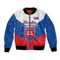 Unisex bomber jacket, full-zip, blue-red-white with Slovak flag graphic and text