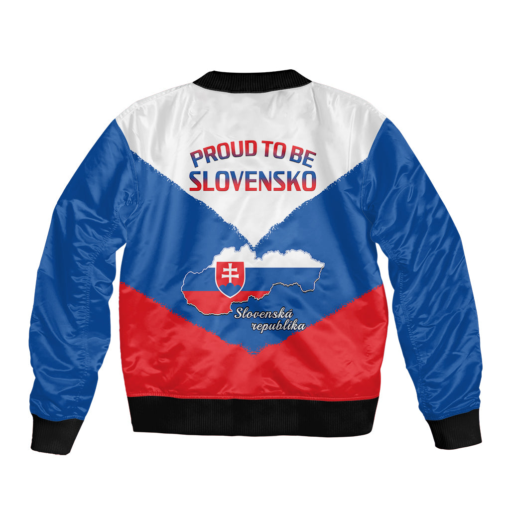 Unisex bomber jacket full-zip, back view with Slovak flag emblem and “Proud to be”