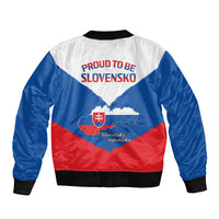 Unisex bomber jacket full-zip, back view with Slovak flag emblem and “Proud to be”