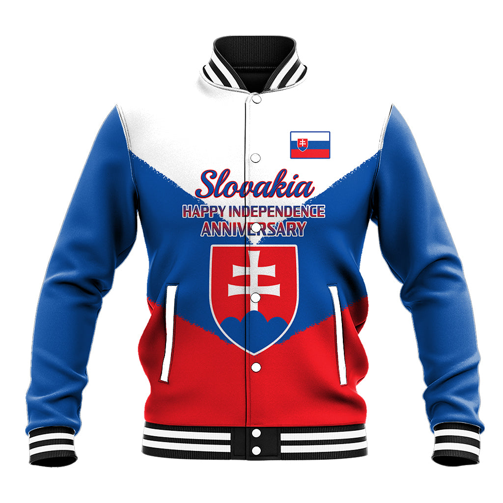 Unisex blue-and-white baseball jacket with Slovak crest, 'Happy Independence Anniversary' graphic.
