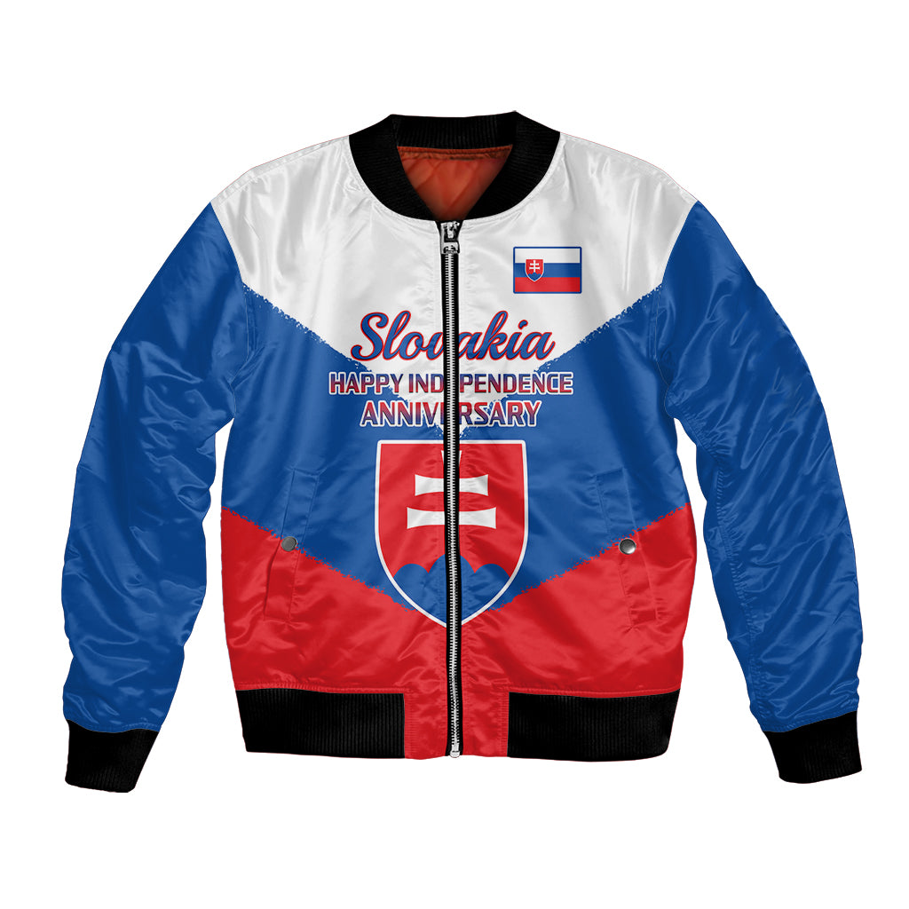 Blue, white, and red unisex bomber jacket with full zip and Slovak flag graphic