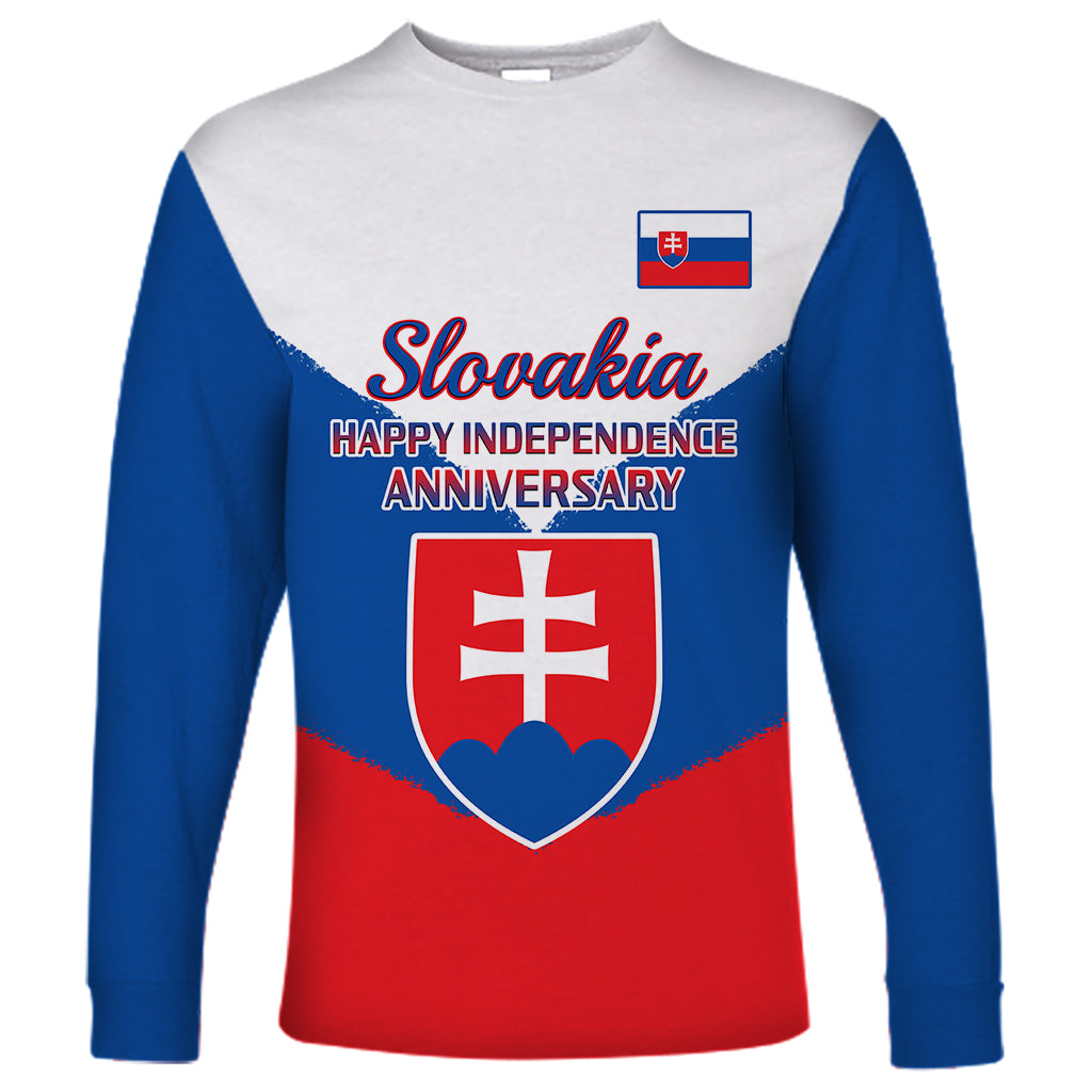 Long-sleeve shirt in blue, red, and white with Slovakia independence graphic on front