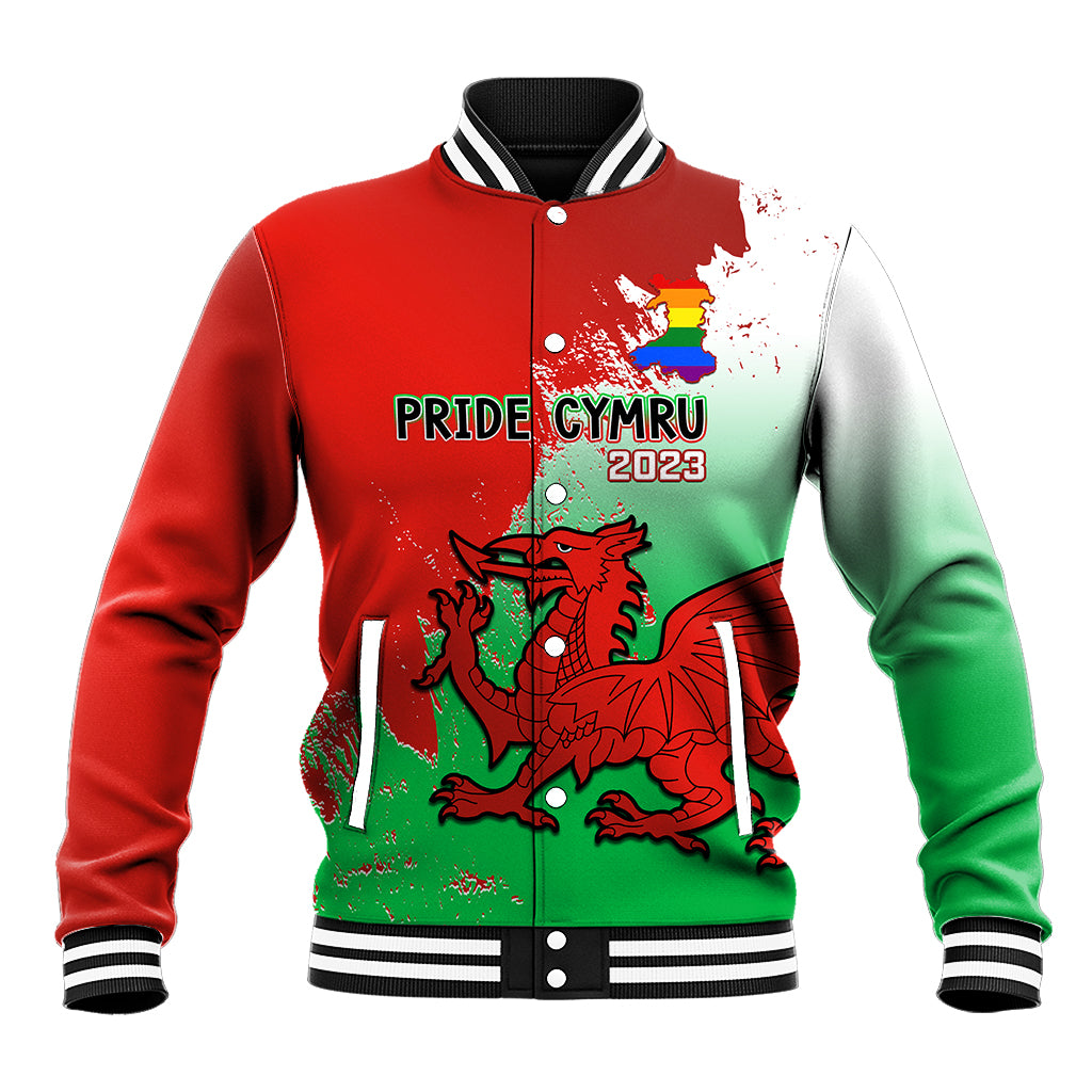 Red and green baseball jacket with Pride Cymru 2023 graphic, striped rib collar