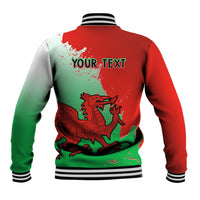 Back of red and green baseball jacket with YOUR TEXT dragon graphic, striped rib trim