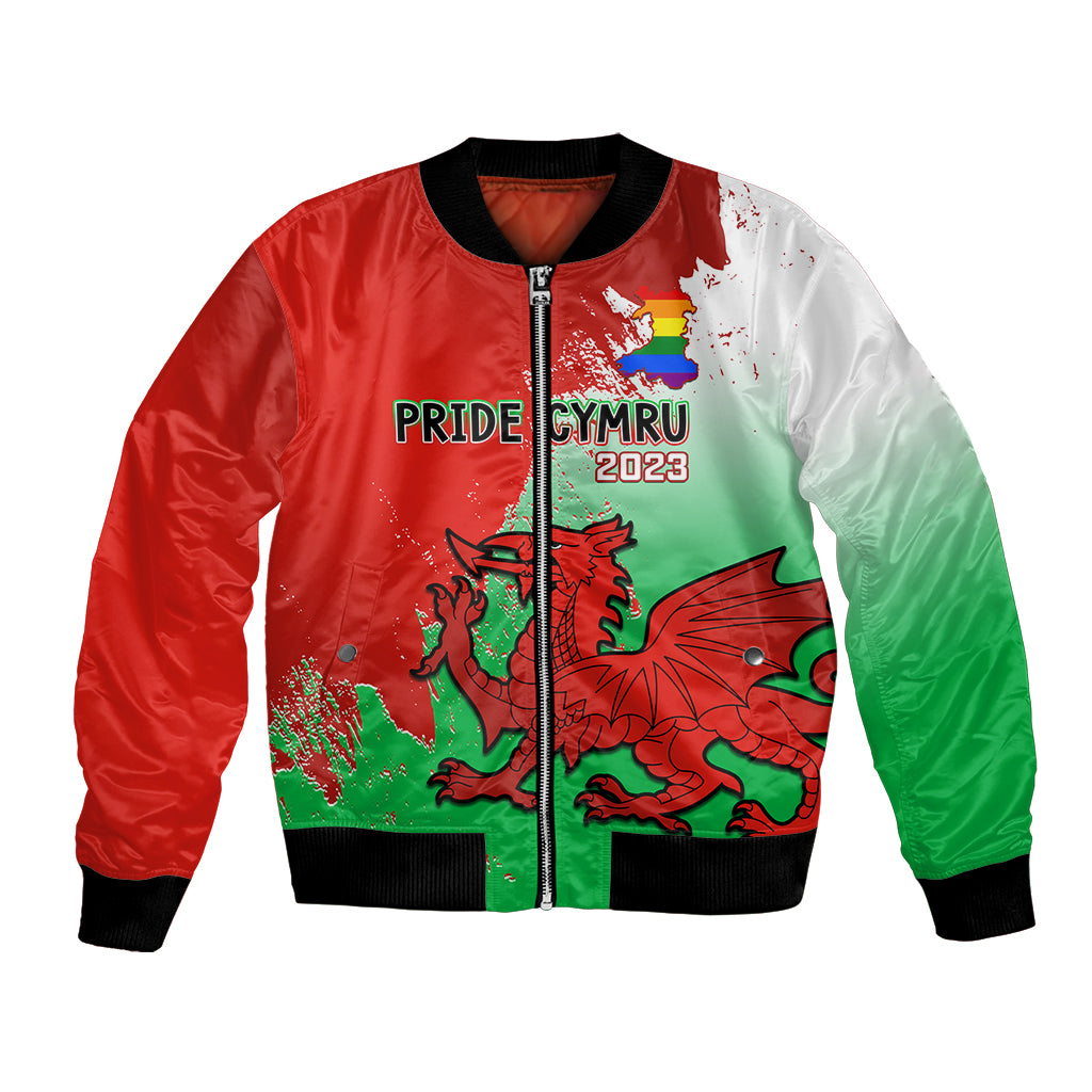 Unisex red green white bomber jacket with Pride Cymru 2023 dragon graphic