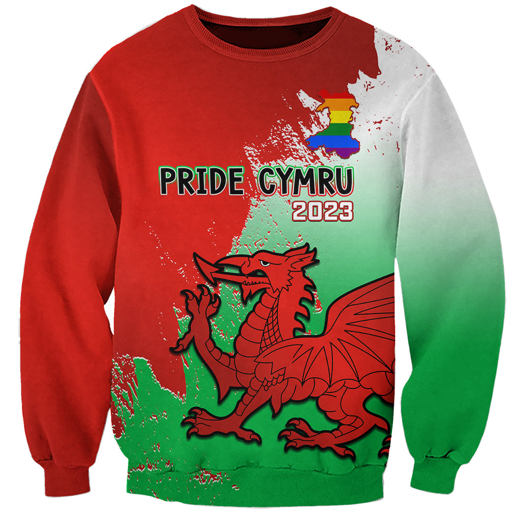 Red crewneck sweatshirt with Pride Cymru 2023 graphic and Welsh dragon, long sleeves
