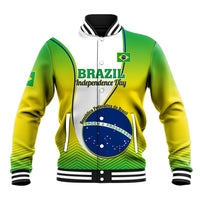 Green baseball jacket with Brazil Independence Day front graphic and striped trim