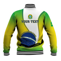 Green baseball jacket back with YOUR TEXT and Brazil emblem, striped collar and cuffs