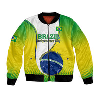 Green and yellow bomber jacket with full zipper, black ribbed cuffs, Brazil Independence graphic