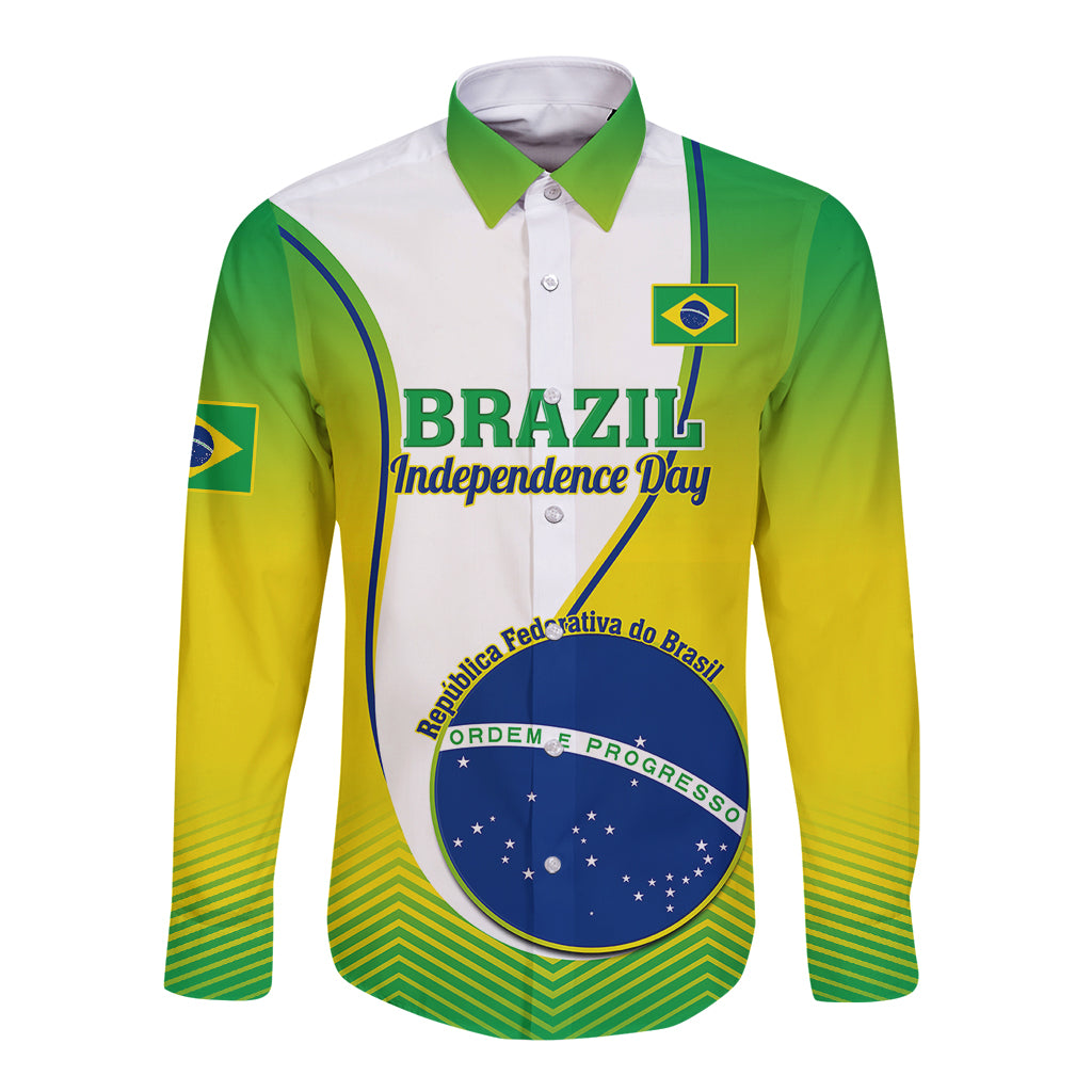 Green and yellow long-sleeve button shirt with Brazil Independence Day graphic on chest