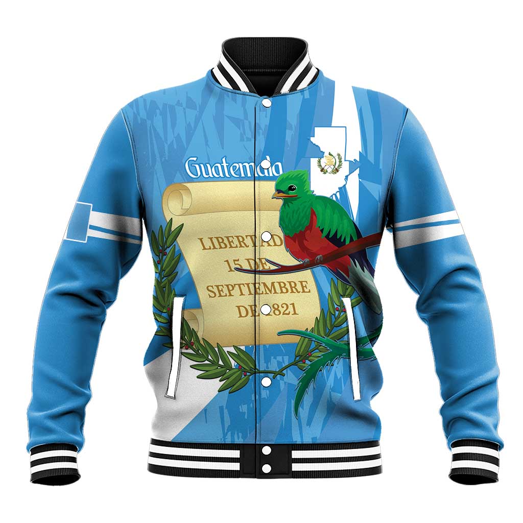 Blue baseball jacket, striped rib collar and buttons; coat-of-arms with quetzal