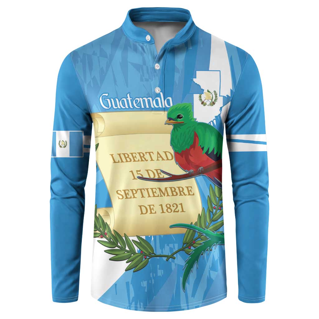 Blue button-up sweatshirt with Guatemala coat of arms and green quetzal graphic
