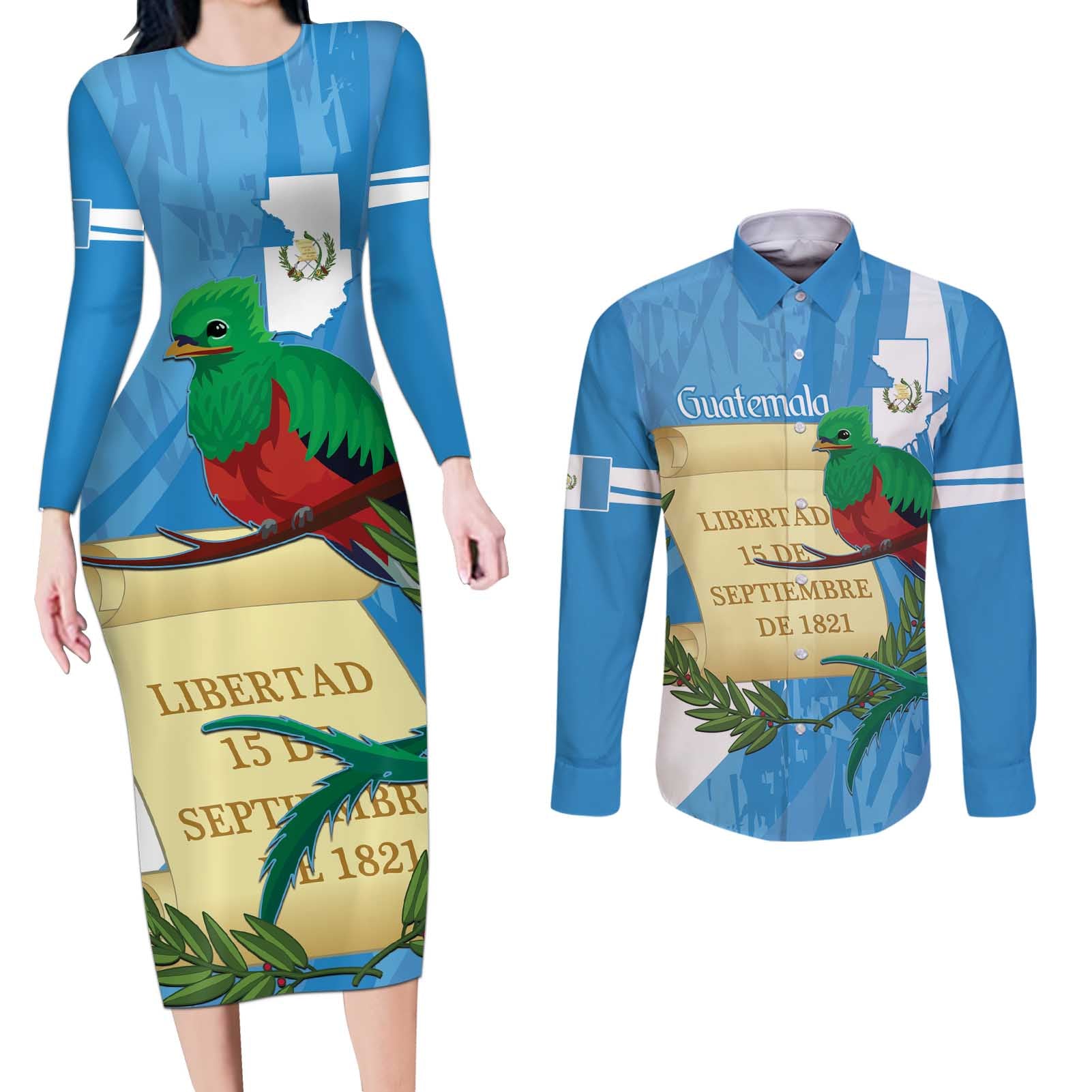 Guatemala Independence Day Couples Matching Long Sleeve Bodycon Dress and Long Sleeve Button Shirt Coat Of Arms With Resplendent Quetzal Grunge Style - Wonder Print Shop