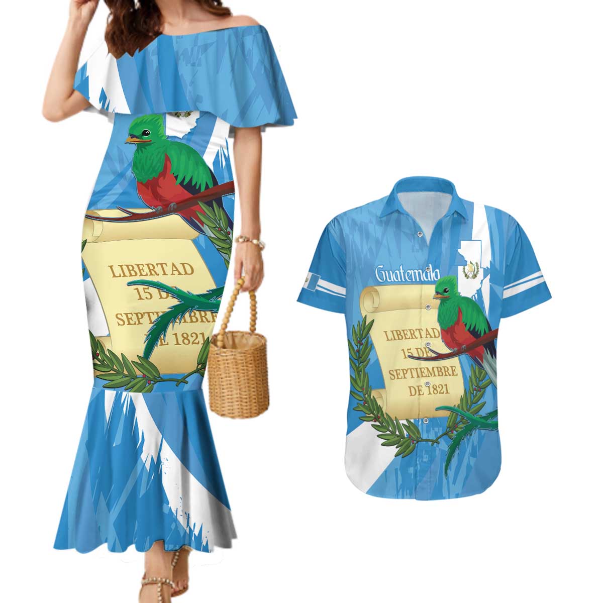 Guatemala Independence Day Couples Matching Mermaid Dress and Hawaiian Shirt Coat Of Arms With Resplendent Quetzal Grunge Style - Wonder Print Shop