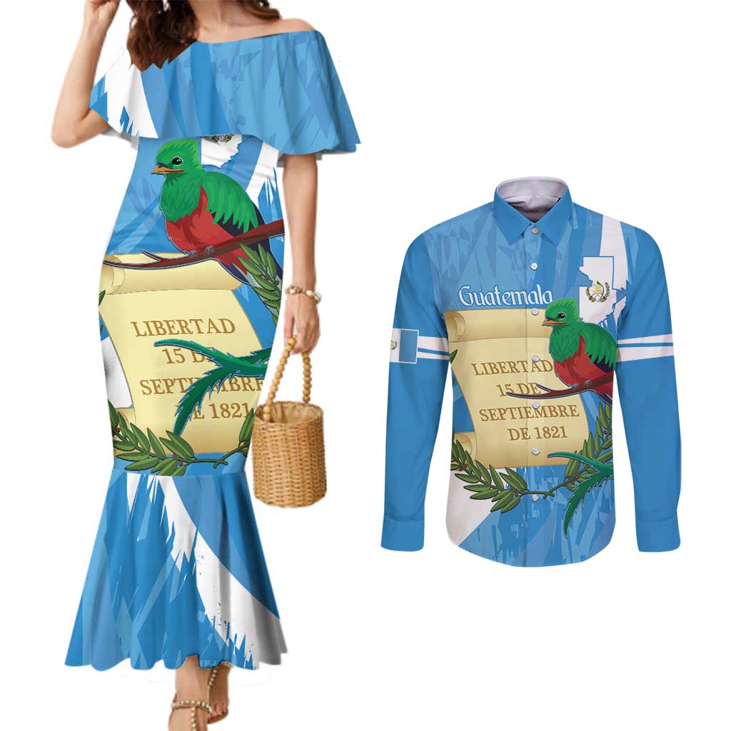 Guatemala Independence Day Couples Matching Mermaid Dress and Long Sleeve Button Shirt Coat Of Arms With Resplendent Quetzal Grunge Style