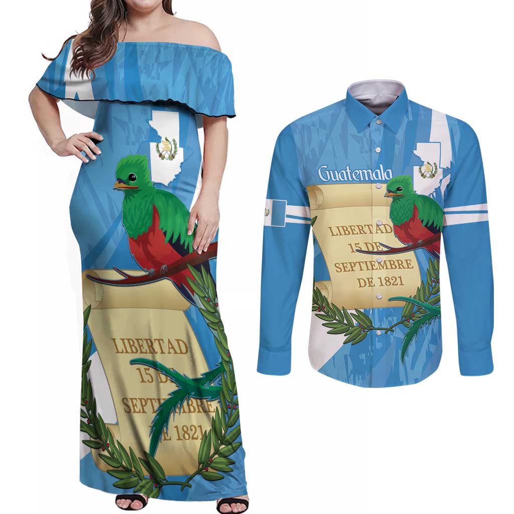 Guatemala Independence Day Couples Matching Off Shoulder Maxi Dress and Long Sleeve Button Shirt Coat Of Arms With Resplendent Quetzal Grunge Style - Wonder Print Shop