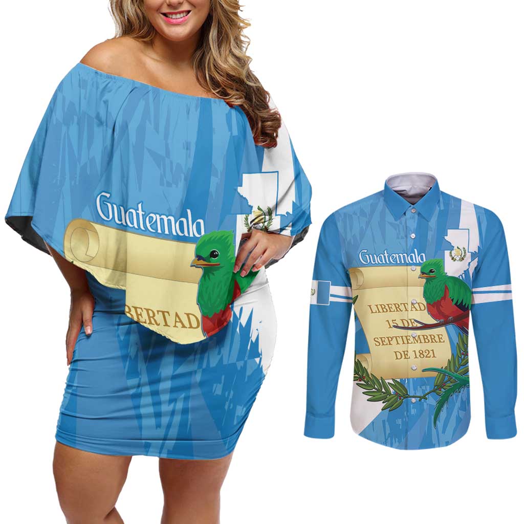 Guatemala Independence Day Couples Matching Off Shoulder Short Dress and Long Sleeve Button Shirt Coat Of Arms With Resplendent Quetzal Grunge Style - Wonder Print Shop