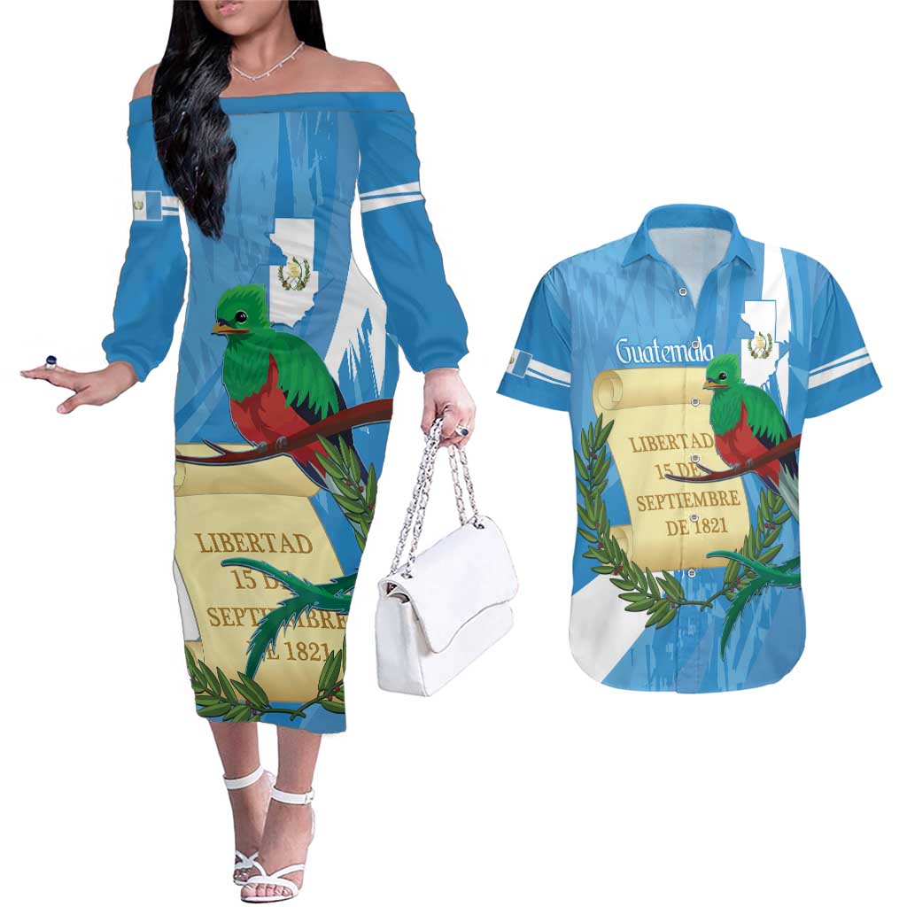 Guatemala Independence Day Couples Matching Off The Shoulder Long Sleeve Dress and Hawaiian Shirt Coat Of Arms With Resplendent Quetzal Grunge Style - Wonder Print Shop