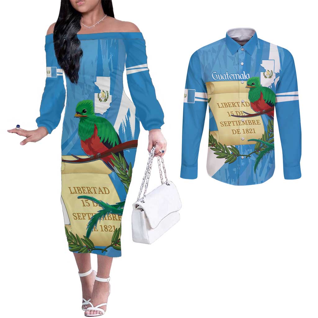 Guatemala Independence Day Couples Matching Off The Shoulder Long Sleeve Dress and Long Sleeve Button Shirt Coat Of Arms With Resplendent Quetzal Grunge Style