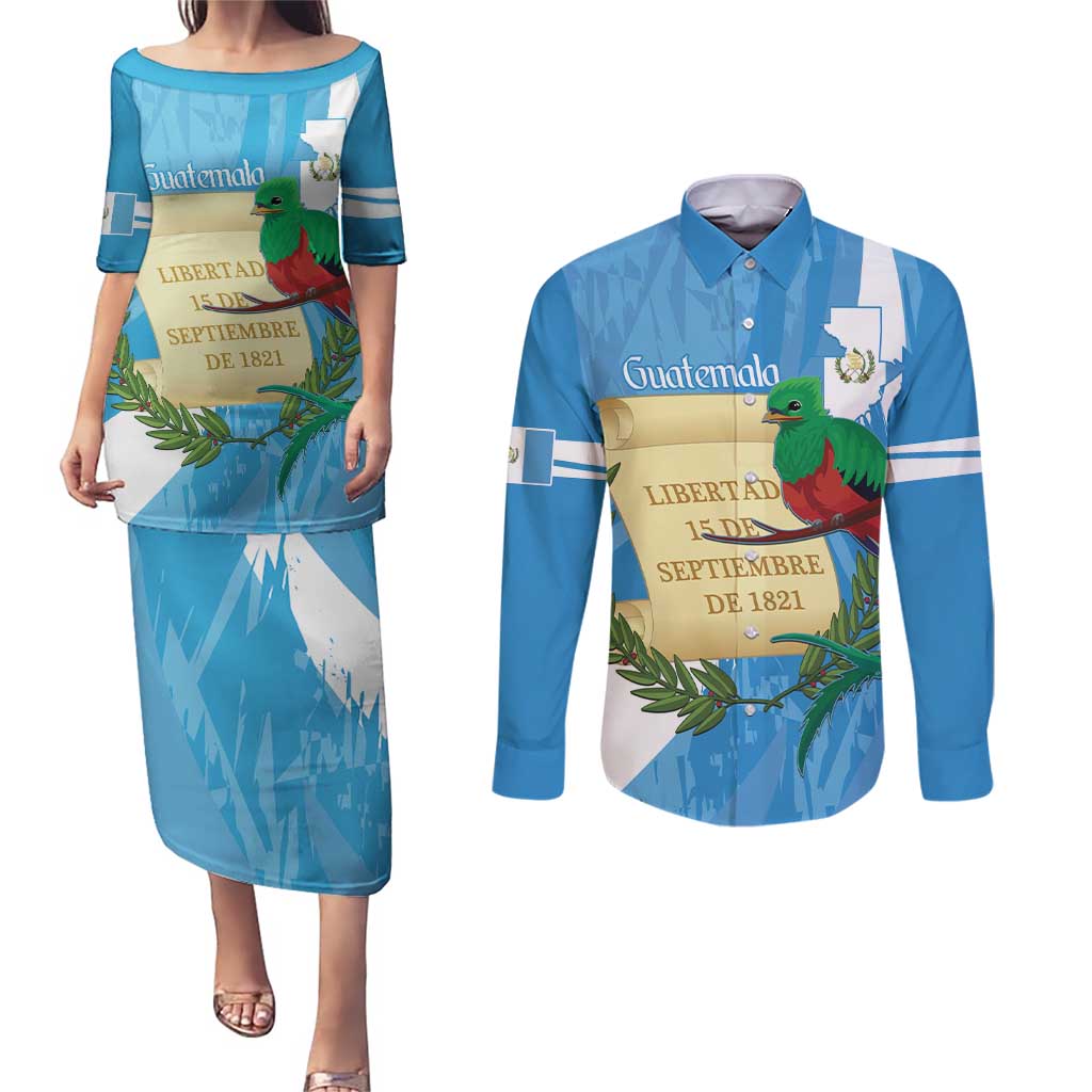 Guatemala Independence Day Couples Matching Puletasi and Long Sleeve Button Shirt Coat Of Arms With Resplendent Quetzal Grunge Style - Wonder Print Shop