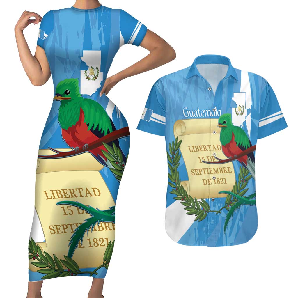 Guatemala Independence Day Couples Matching Short Sleeve Bodycon Dress and Hawaiian Shirt Coat Of Arms With Resplendent Quetzal Grunge Style - Wonder Print Shop