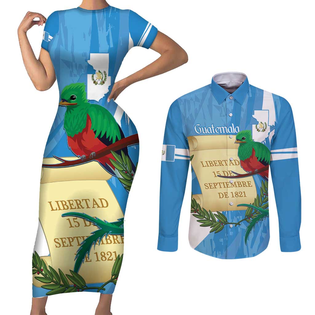 Guatemala Independence Day Couples Matching Short Sleeve Bodycon Dress and Long Sleeve Button Shirt Coat Of Arms With Resplendent Quetzal Grunge Style - Wonder Print Shop