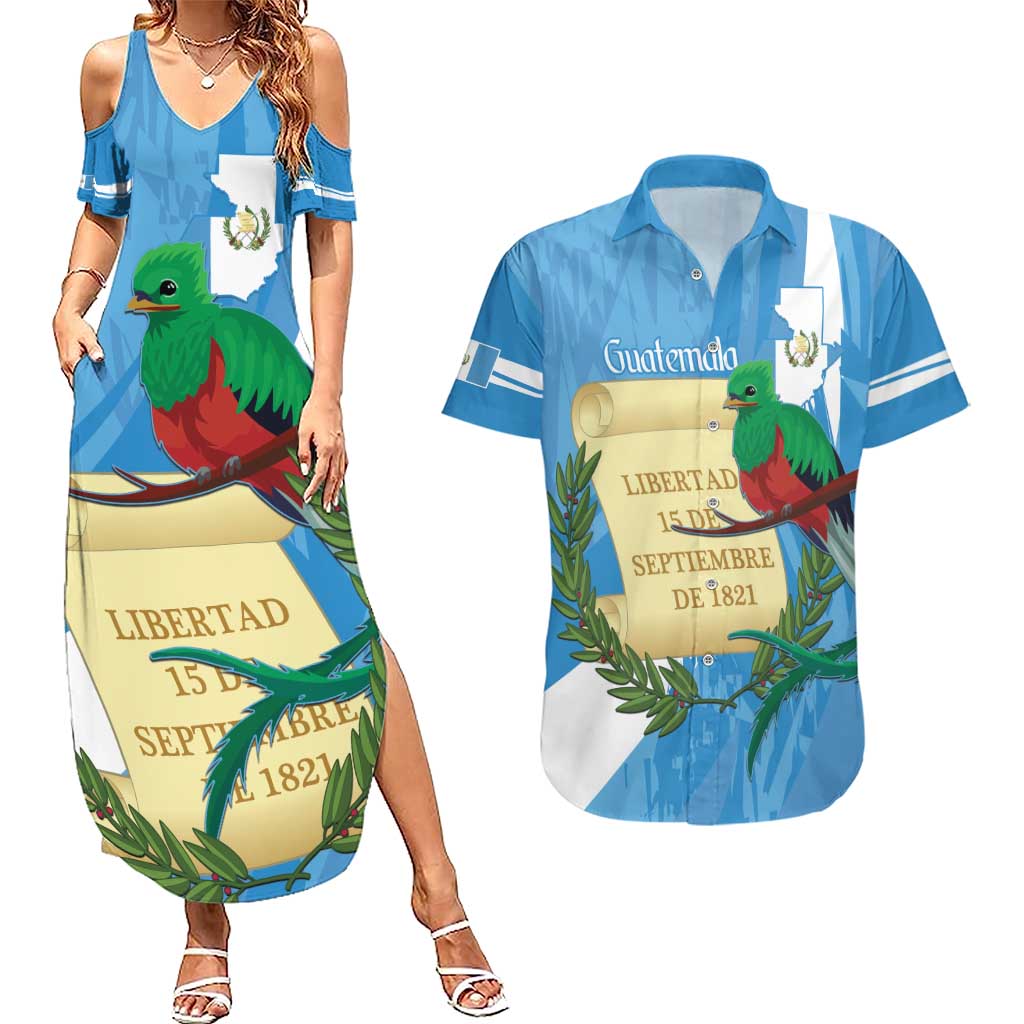 Guatemala Independence Day Couples Matching Summer Maxi Dress and Hawaiian Shirt Coat Of Arms With Resplendent Quetzal Grunge Style - Wonder Print Shop