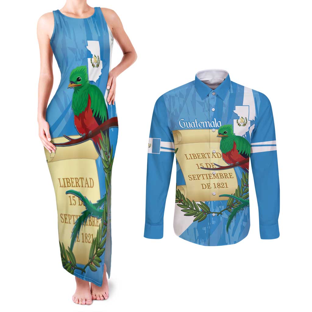 Guatemala Independence Day Couples Matching Tank Maxi Dress and Long Sleeve Button Shirt Coat Of Arms With Resplendent Quetzal Grunge Style - Wonder Print Shop