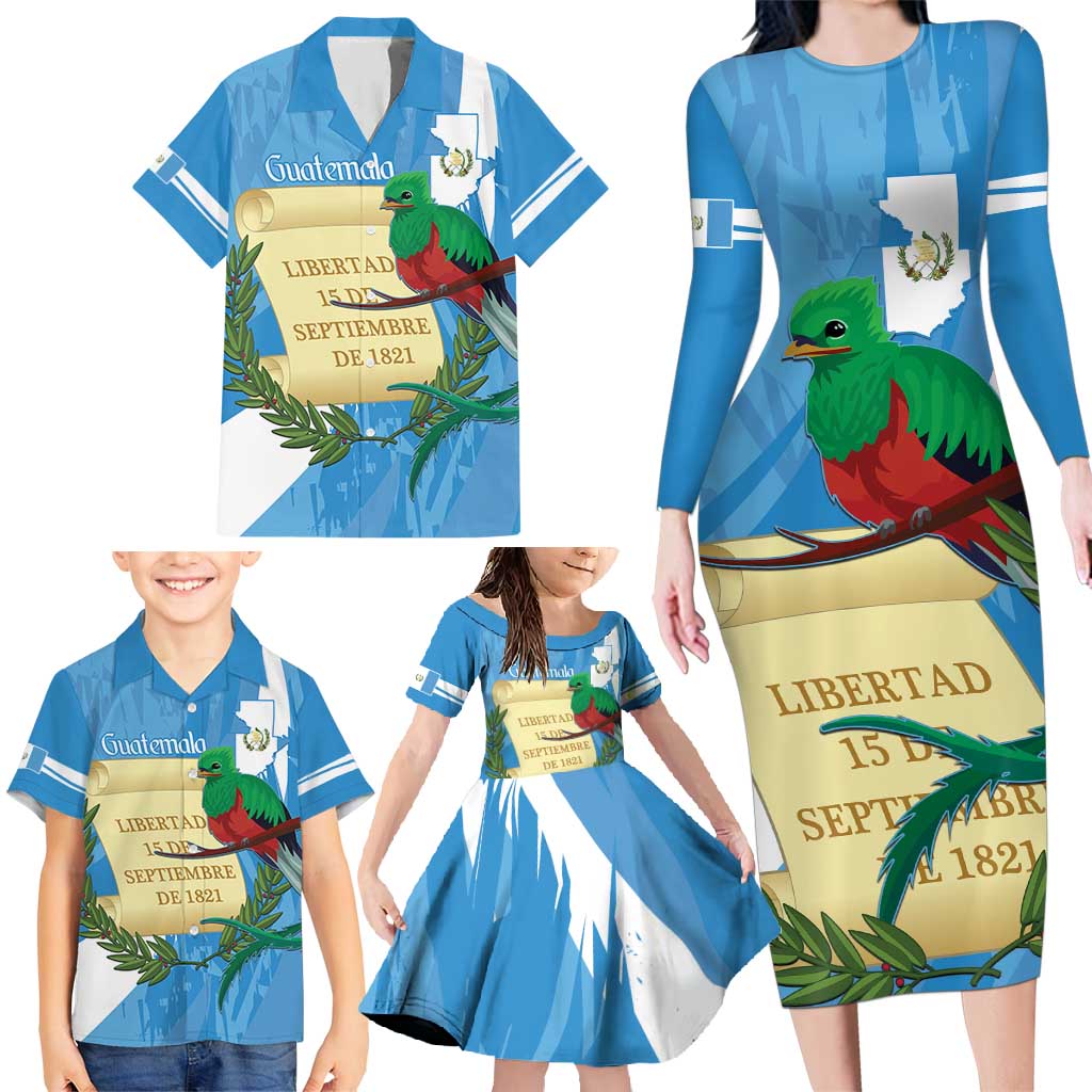 Guatemala Independence Day Family Matching Long Sleeve Bodycon Dress and Hawaiian Shirt Coat Of Arms With Resplendent Quetzal Grunge Style - Wonder Print Shop