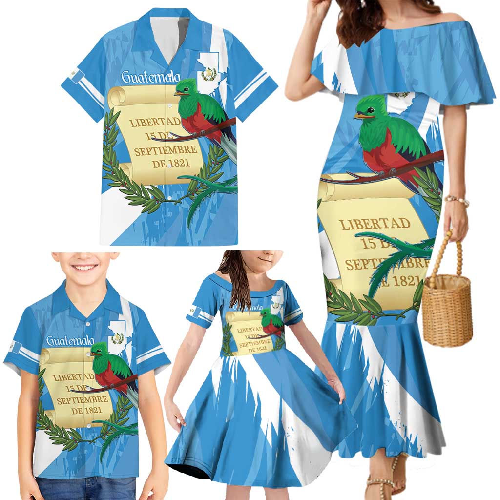 Guatemala Independence Day Family Matching Mermaid Dress and Hawaiian Shirt Coat Of Arms With Resplendent Quetzal Grunge Style - Wonder Print Shop