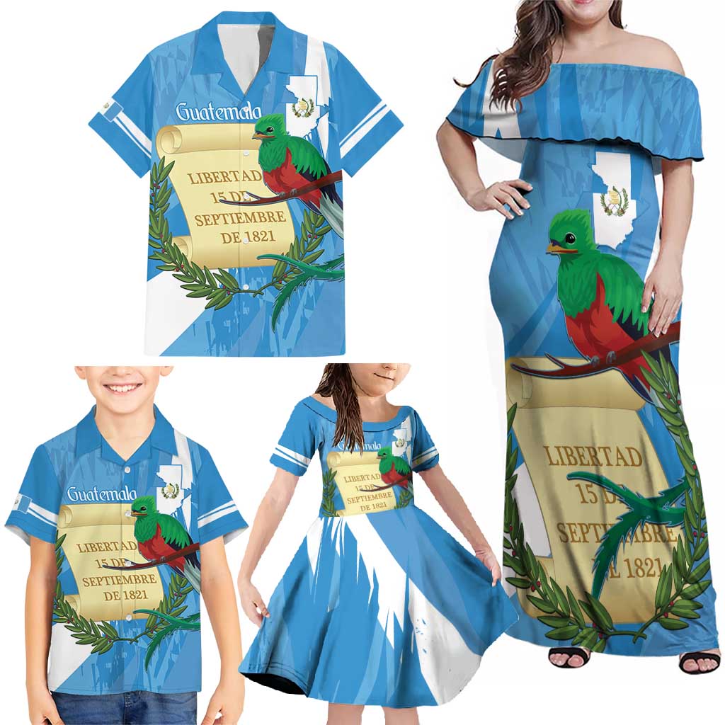 Guatemala Independence Day Family Matching Off Shoulder Maxi Dress and Hawaiian Shirt Coat Of Arms With Resplendent Quetzal Grunge Style - Wonder Print Shop