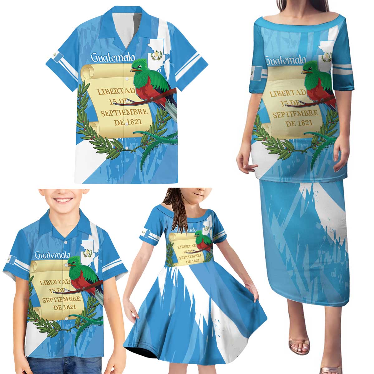 Guatemala Independence Day Family Matching Puletasi and Hawaiian Shirt Coat Of Arms With Resplendent Quetzal Grunge Style - Wonder Print Shop