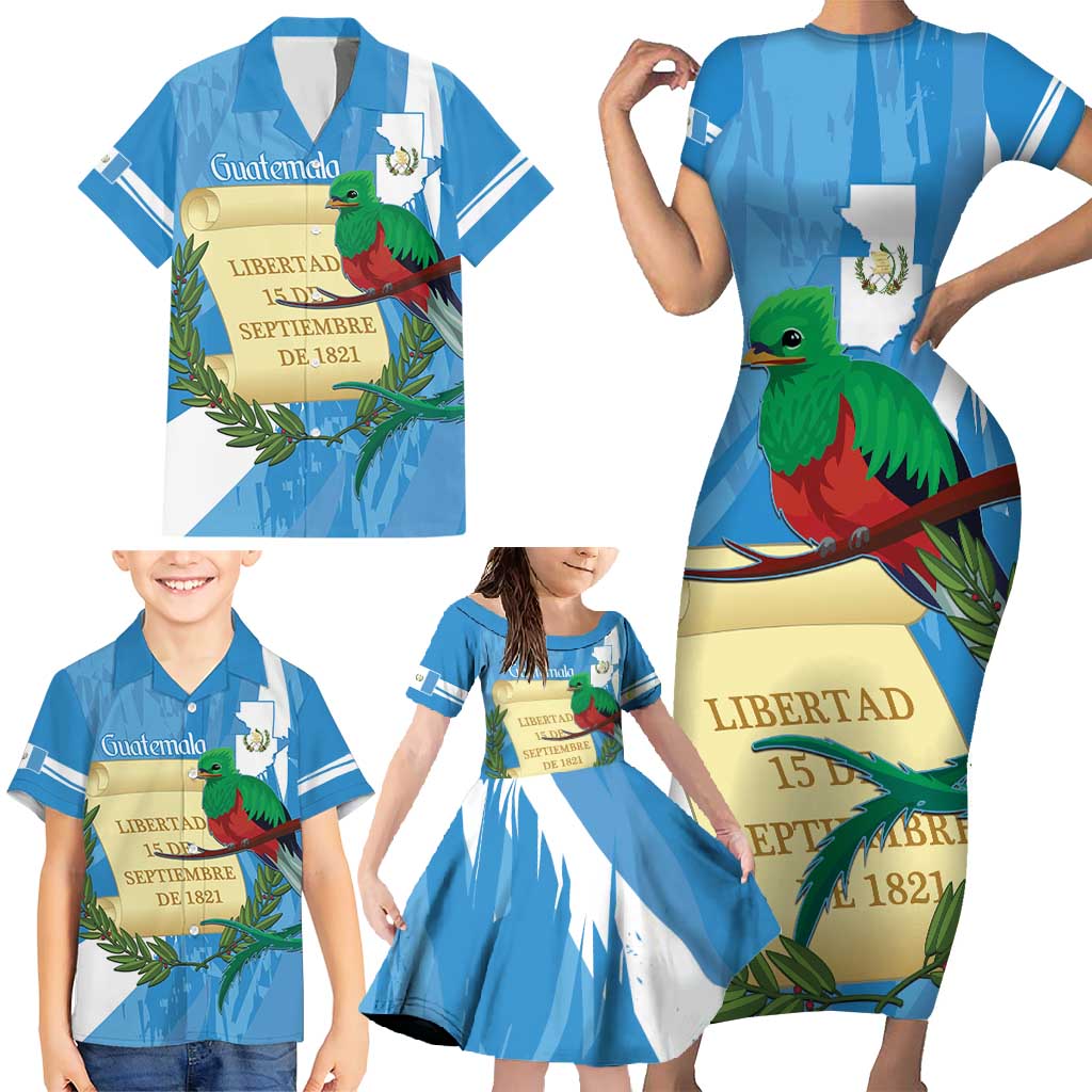 Guatemala Independence Day Family Matching Short Sleeve Bodycon Dress and Hawaiian Shirt Coat Of Arms With Resplendent Quetzal Grunge Style - Wonder Print Shop