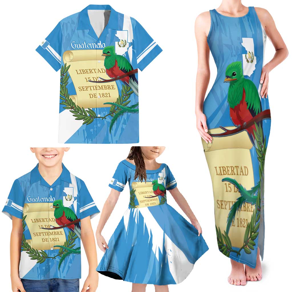 Guatemala Independence Day Family Matching Tank Maxi Dress and Hawaiian Shirt Coat Of Arms With Resplendent Quetzal Grunge Style - Wonder Print Shop