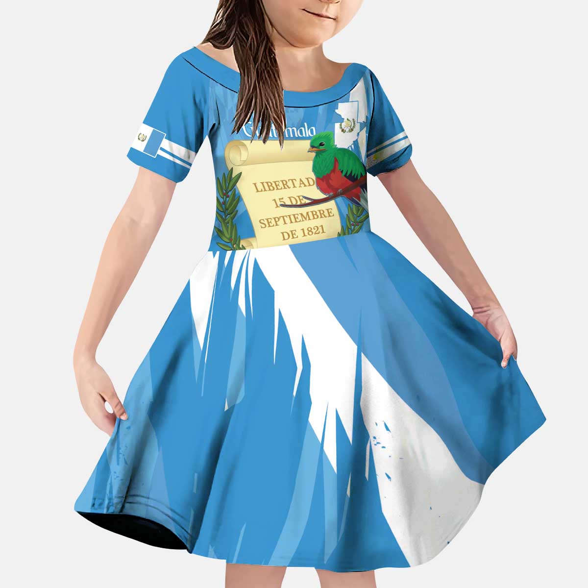 Guatemala Independence Day Kid Short Sleeve Dress Coat Of Arms With Resplendent Quetzal Grunge Style - Wonder Print Shop