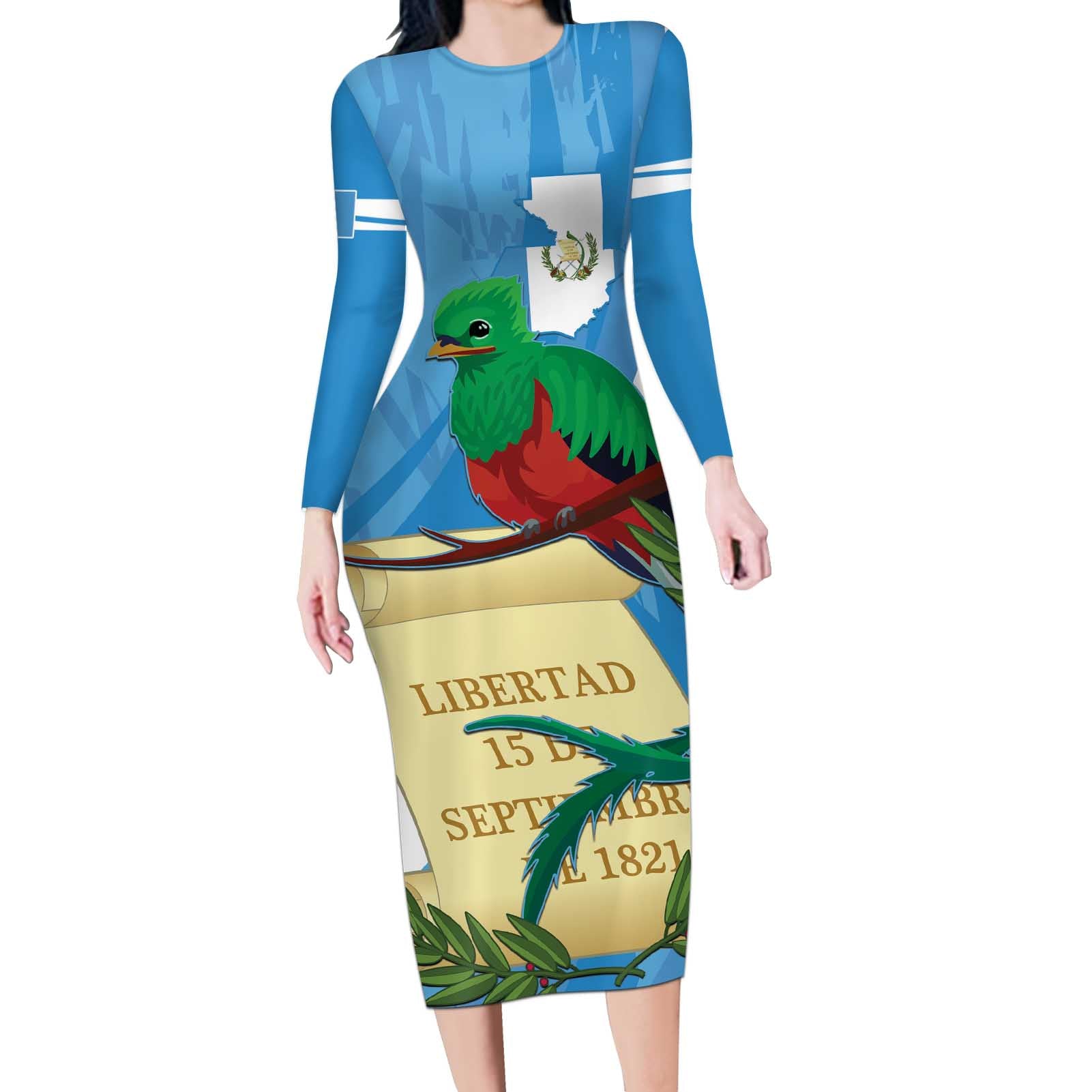 Guatemala Independence Day Long Sleeve Bodycon Dress Coat Of Arms With Resplendent Quetzal Grunge Style - Wonder Print Shop