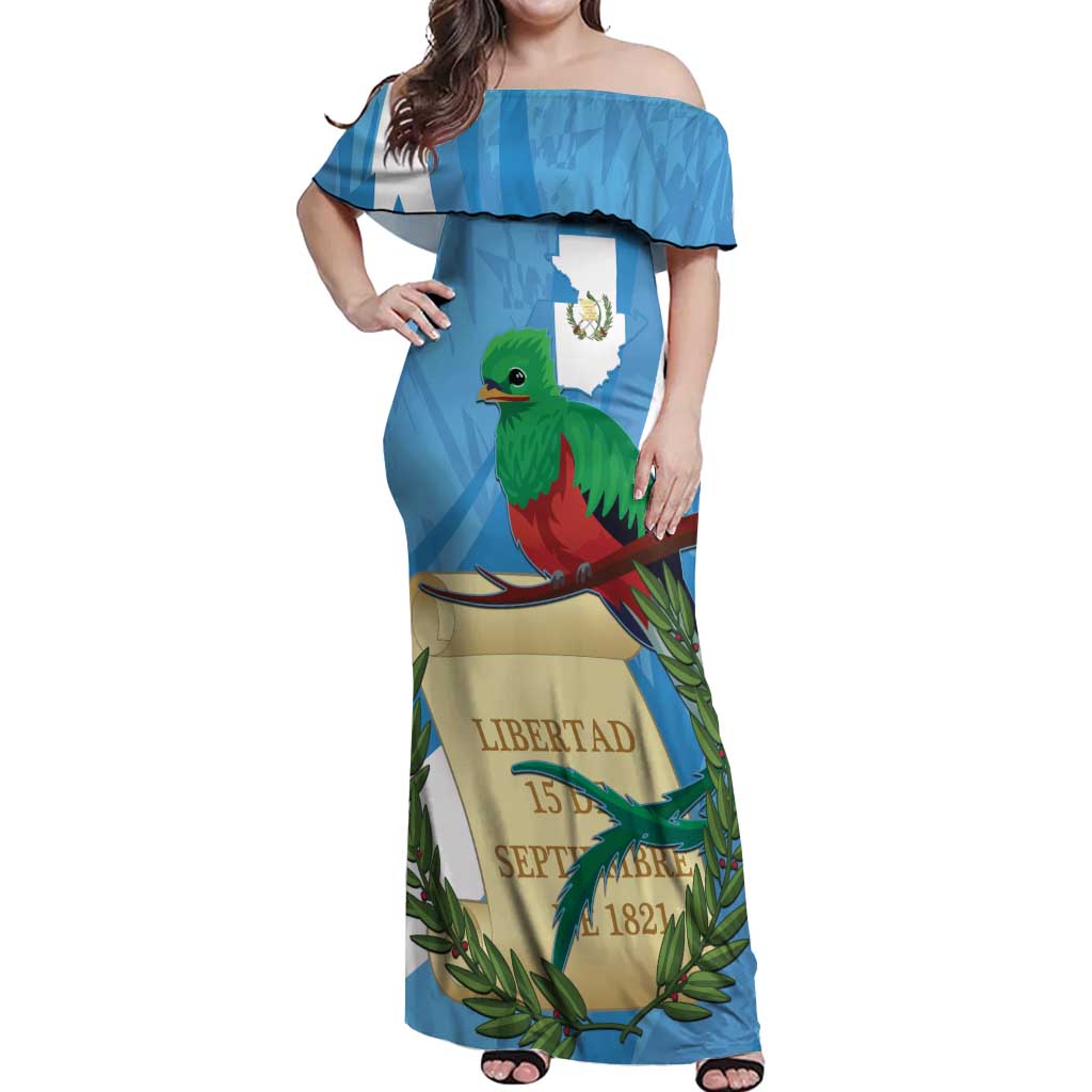 Guatemala Independence Day Off Shoulder Maxi Dress Coat Of Arms With Resplendent Quetzal Grunge Style - Wonder Print Shop