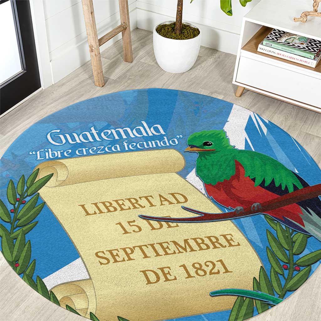 Round blue carpet close-up with Guatemala crest, green quetzal bird, and “Libertad”.