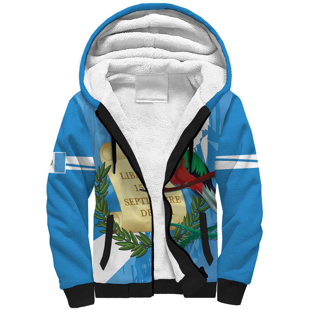 Guatemala Independence Day Sherpa Hoodie Coat Of Arms With Resplendent Quetzal Grunge Style - Wonder Print Shop