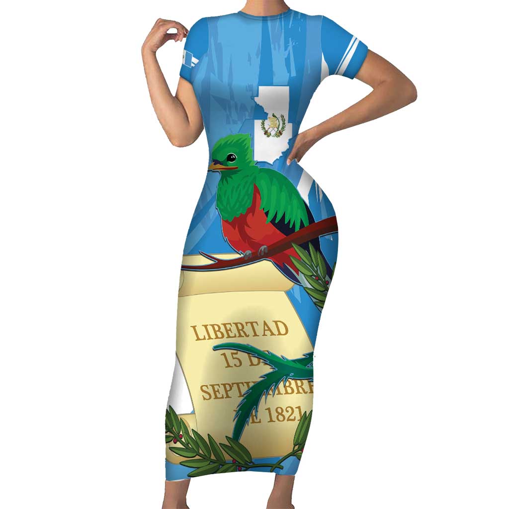 Guatemala Independence Day Short Sleeve Bodycon Dress Coat Of Arms With Resplendent Quetzal Grunge Style - Wonder Print Shop