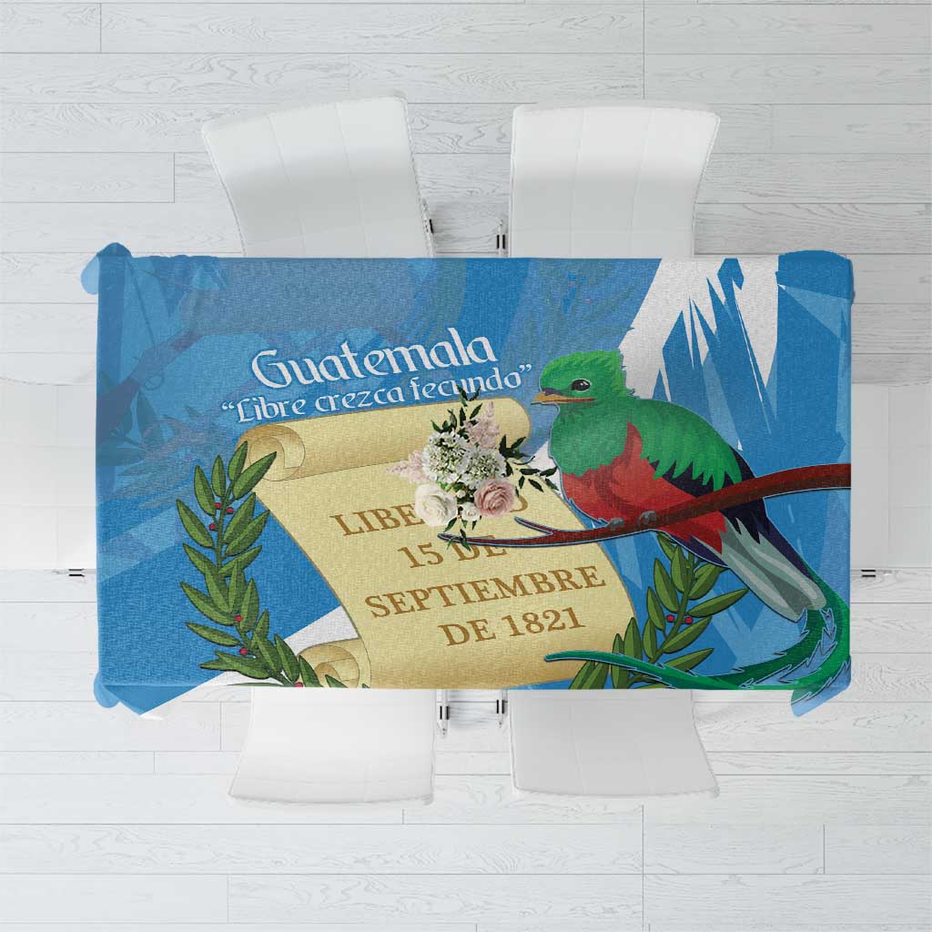 Blue tablecloth with Guatemala coat of arms and quetzal illustration