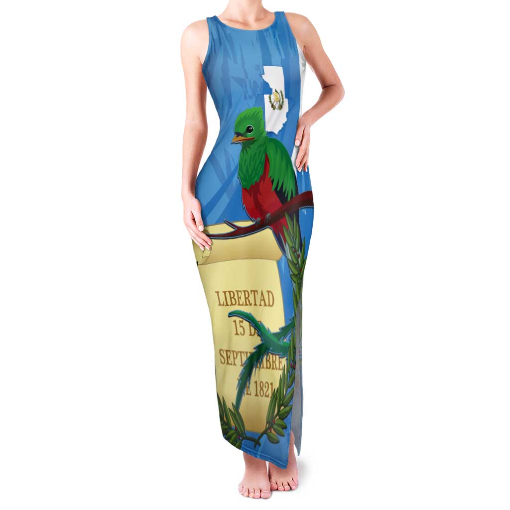 Guatemala Independence Day Tank Maxi Dress Coat Of Arms With Resplendent Quetzal Grunge Style - Wonder Print Shop