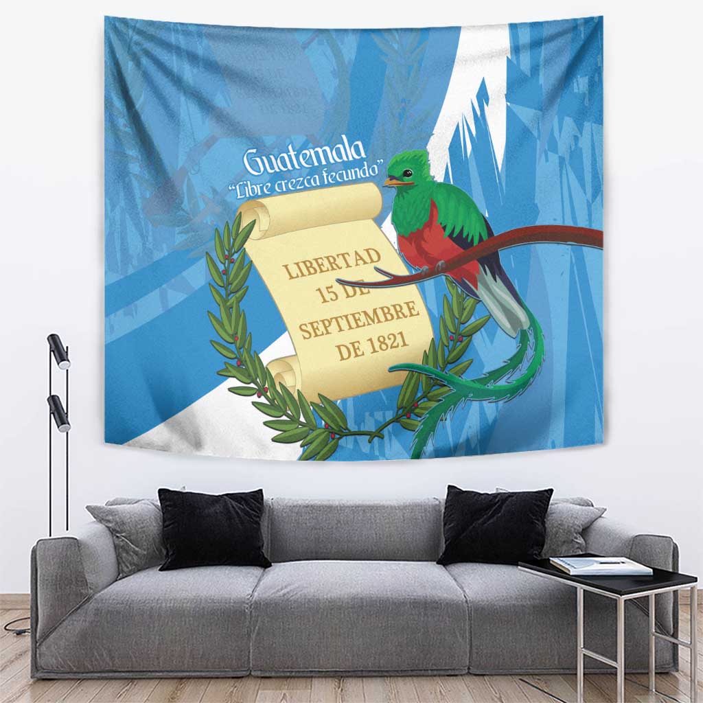 Blue wall hanging tapestry with Guatemala coat of arms and quetzal bird emblem