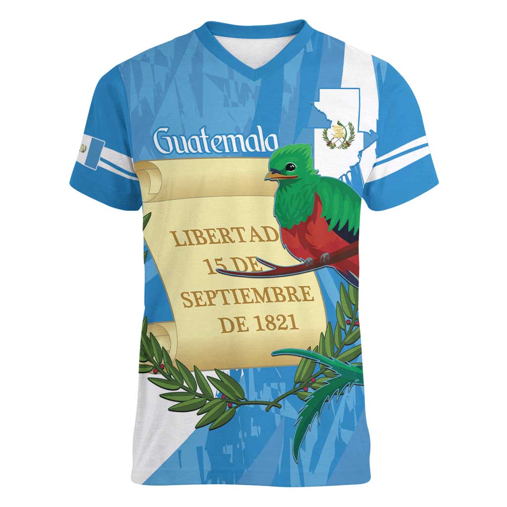 Guatemala Independence Day Women V-Neck T-Shirt Coat Of Arms With Resplendent Quetzal Grunge Style - Wonder Print Shop